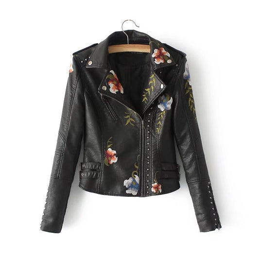Fashion Rivet Flower Embroidered PU Leather Jacket