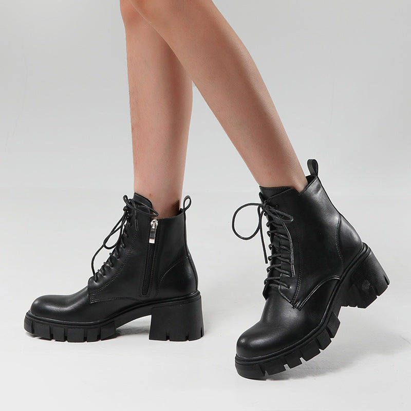 Short Boots Autumn And Winter New Style Thick High Heel Round Head Strap Martin Boots Soft Leather Large Boots