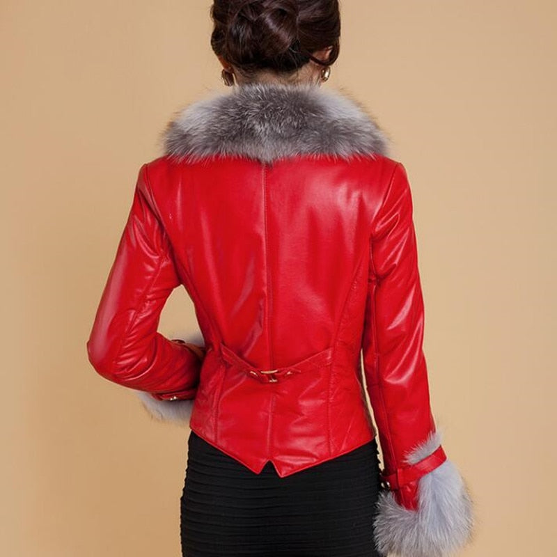 Woman Fox Fur Collar Women Slim Short PU Leather Coat
