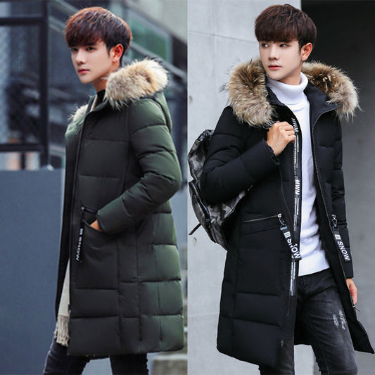 Mid-length padded down cotton jacket with fur collar