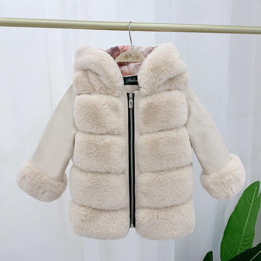 Cotton Rabbit Hooded Faux Fur Coat
