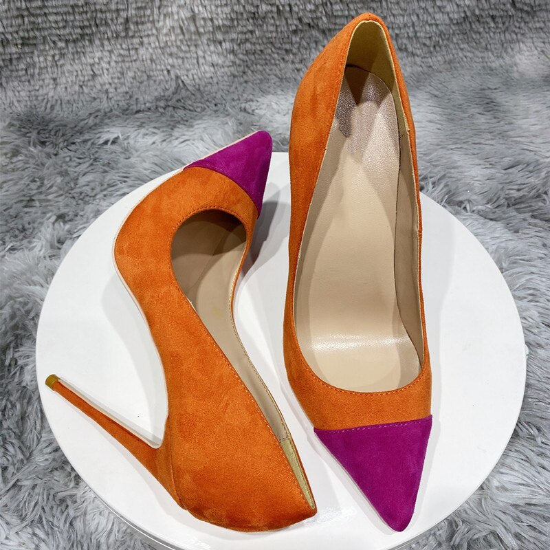 Tikicup Orange Lila Patchwork Damen Flock Spitze Zehen 8-12cm High Heels Schuhe Faux Wildleder Elegante Stiletto Pumps Kleine Größe 33 45 