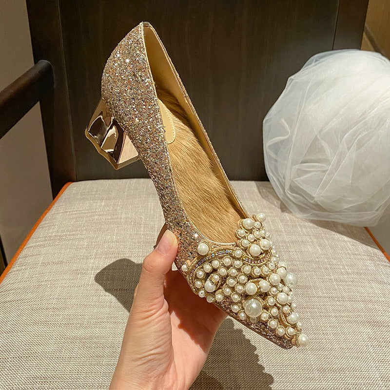 Pointed high heels, women's thick heels, French wedding shoes