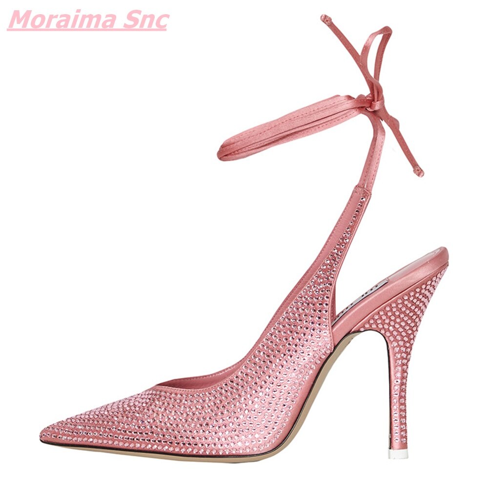 New Women Sandals Pointed Toe Thin High Heel Colorful BlingBling Solid Shallow Lace-up Diamond Fashion Party Shoes