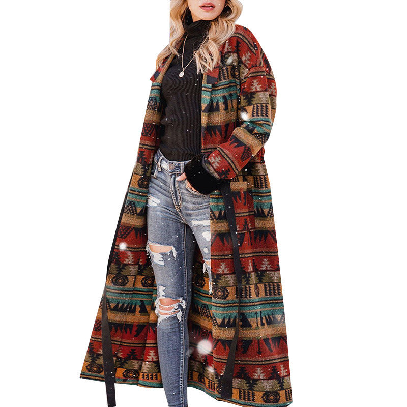 Women's Double-sided Printed British Lapel Long Trench Coat