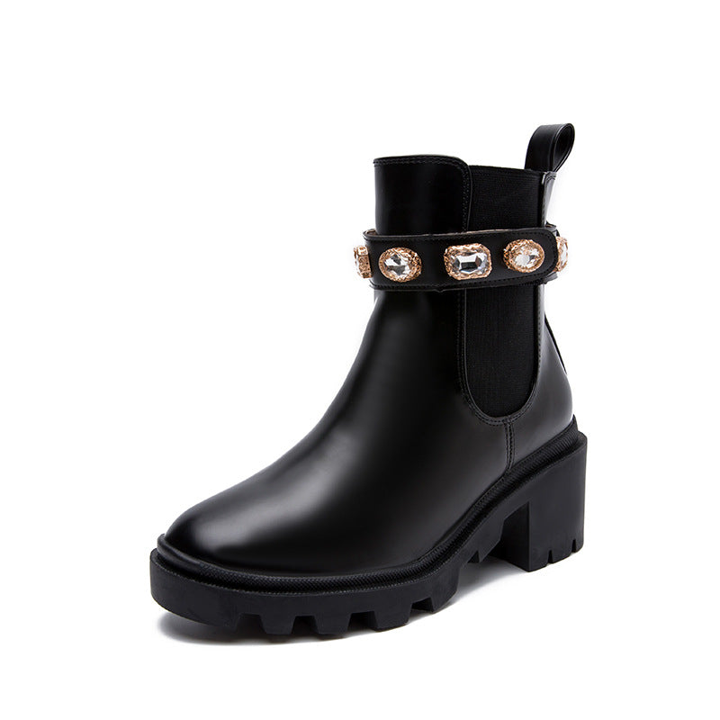 Autumn New Fashion Rhinestone Round Head Martin Boots Female Mid-Thigh Elastic Thin Boots