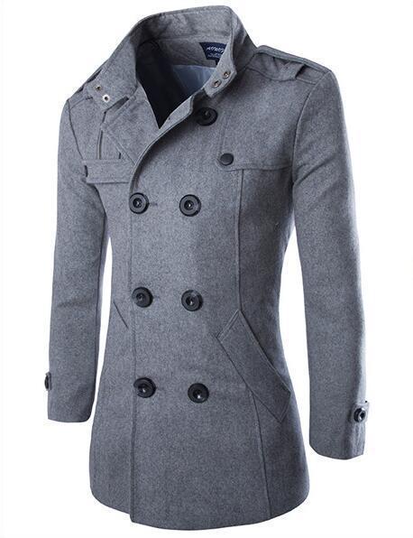 Men's Stand Collar Long Sleeve Wool Trench Coat