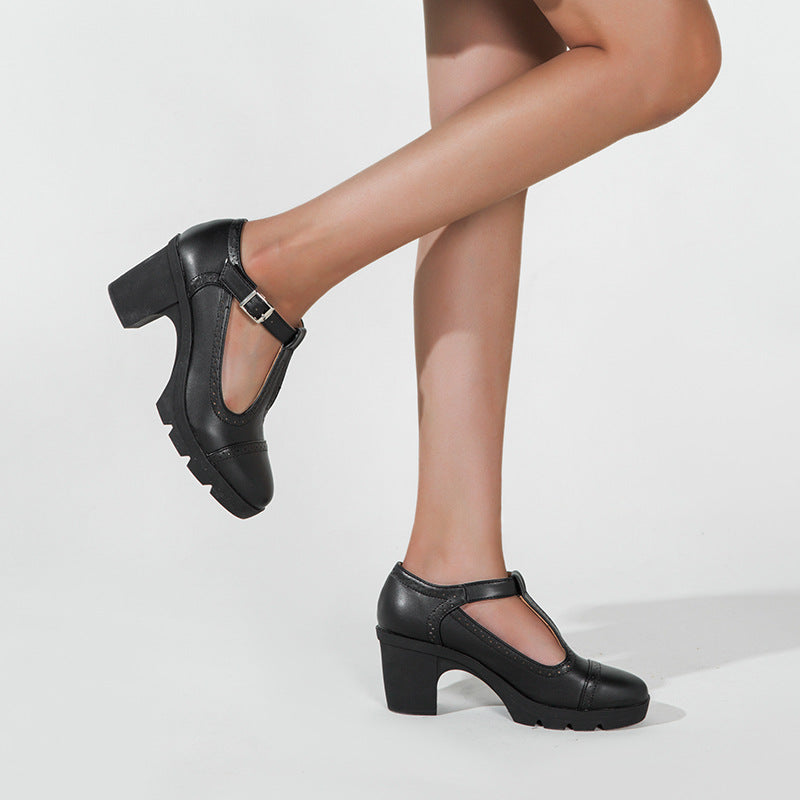 Single Shoe Thick Heel High Heel Soft Leather Versatile Black French Work Shoes Small Leather Shoes Mary Jane Shoes