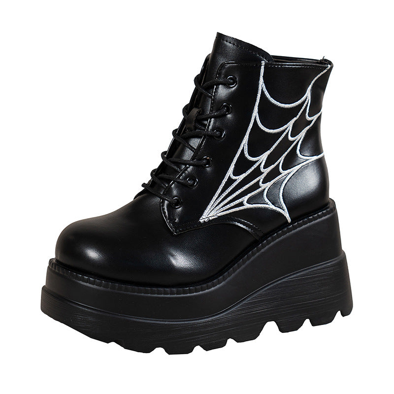 Platform Wedge Dr Martens Boots Autumn And Winter Spider Web Round Toe Lace-up Short Leather Boots