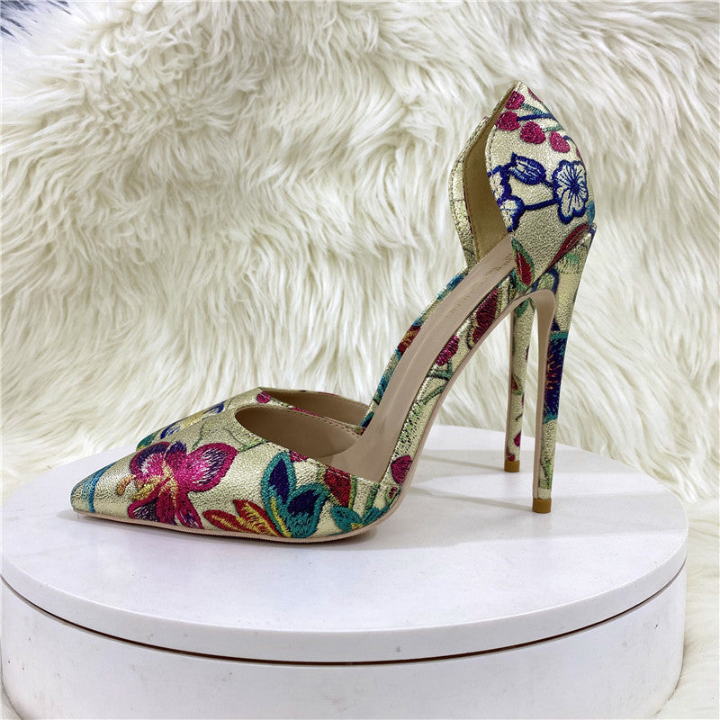 New Gold Embroidered Hollow High Heel Shoes 12CM 10CM 8CM Pointed Thin High Shallow Mouth Single Shoes