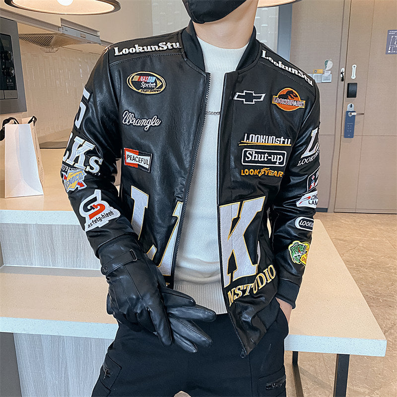 Plus Cotton Racing Suit Baseball Collar Motorcycle Leather Men's Trendy Leather Jacket