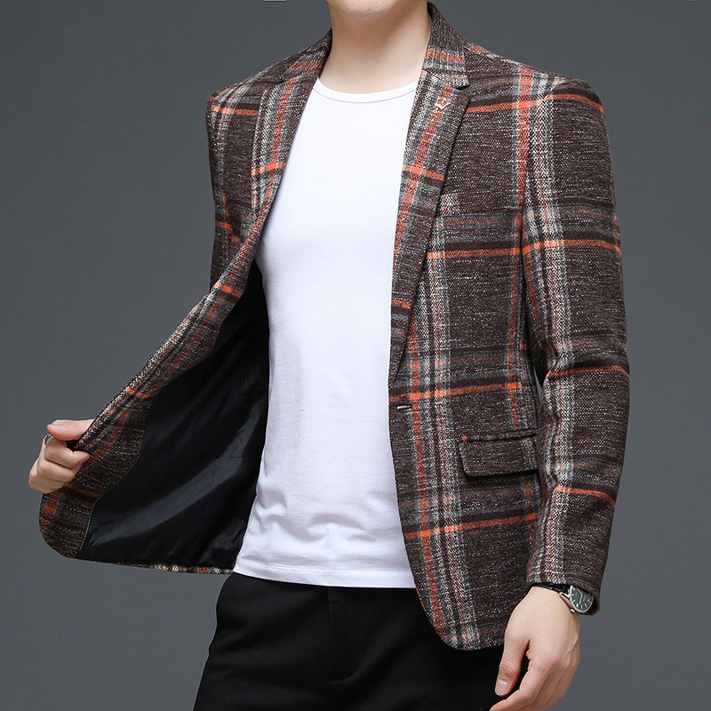 Men's Suit Collar Round Hem Pocket Flap Dig Pocket Casual Plaid Jacket