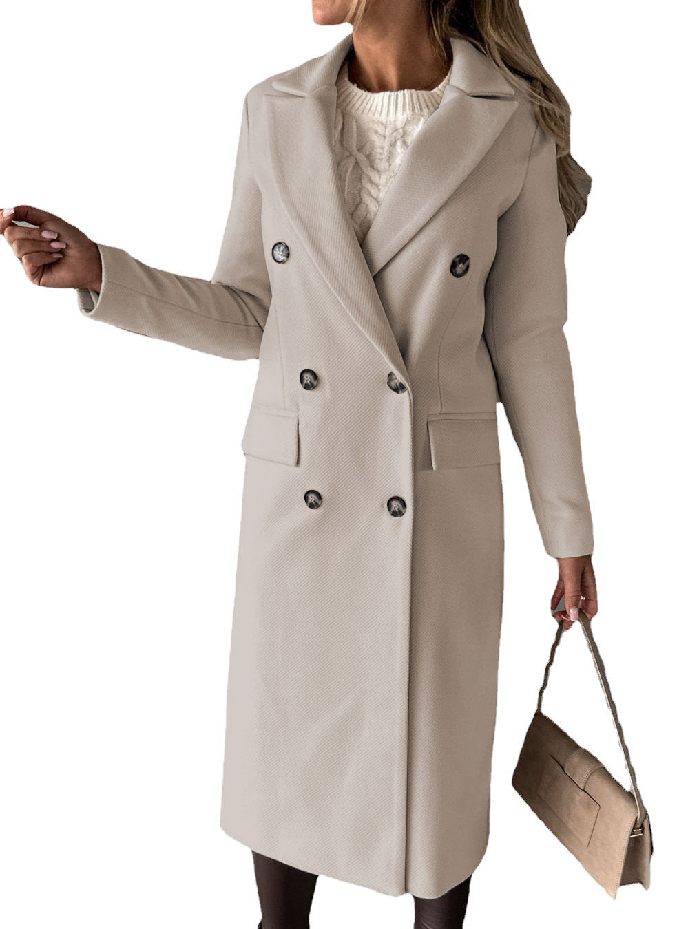 Long Sleeve Lapel Solid Double Breasted Slim Coat Coat