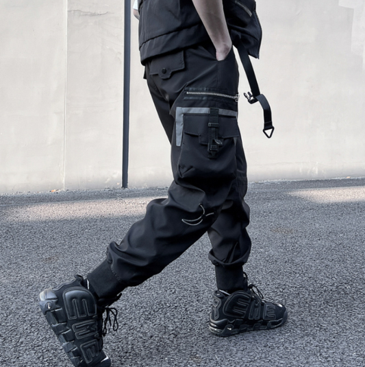 Spring new Japanese loose version dark black functional overalls men youth leggings casual pants