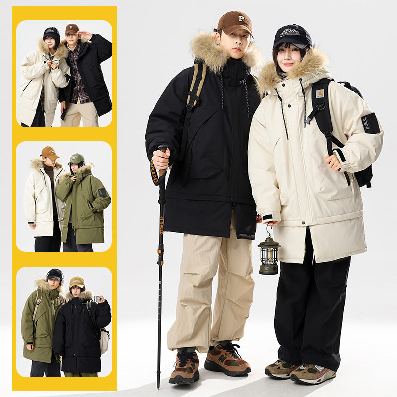 90 White Duck Down Hong Kong Style Mid-length Hem Fur Collar Detachable Warm Cold-resistant Couple Style