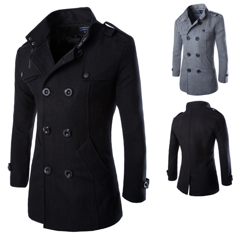 Men's Stand Collar Long Sleeve Wool Trench Coat