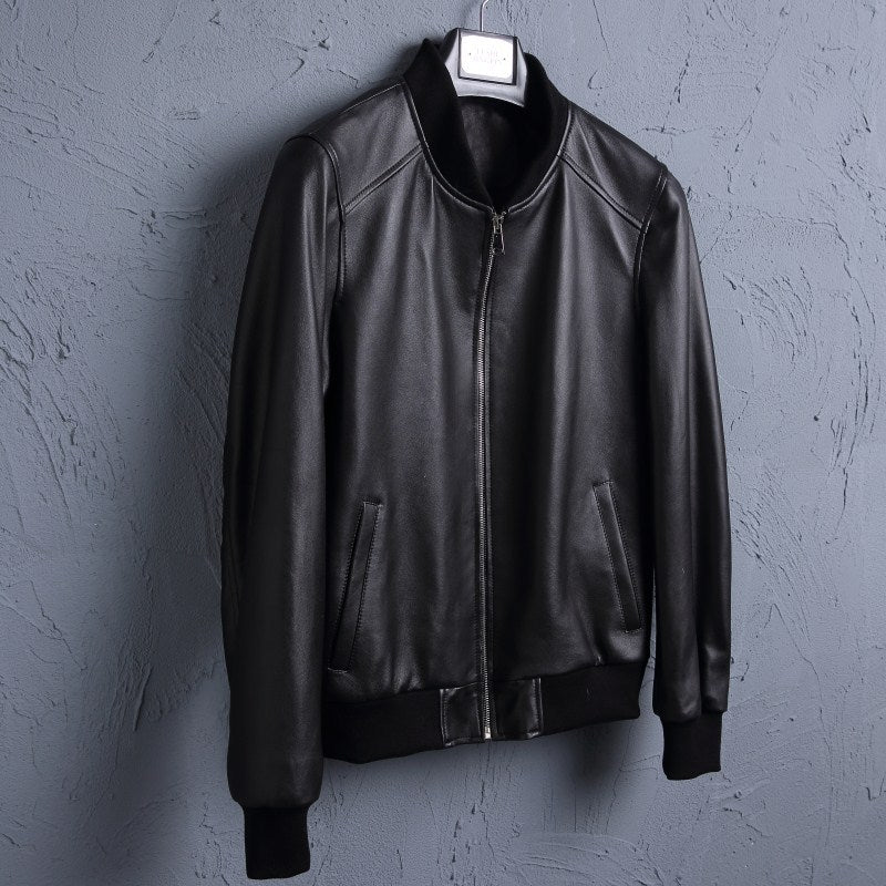 Leather Leather Men's Short Sheepskin Motorcycle Leather Jacket Baseball Uniform Jacket