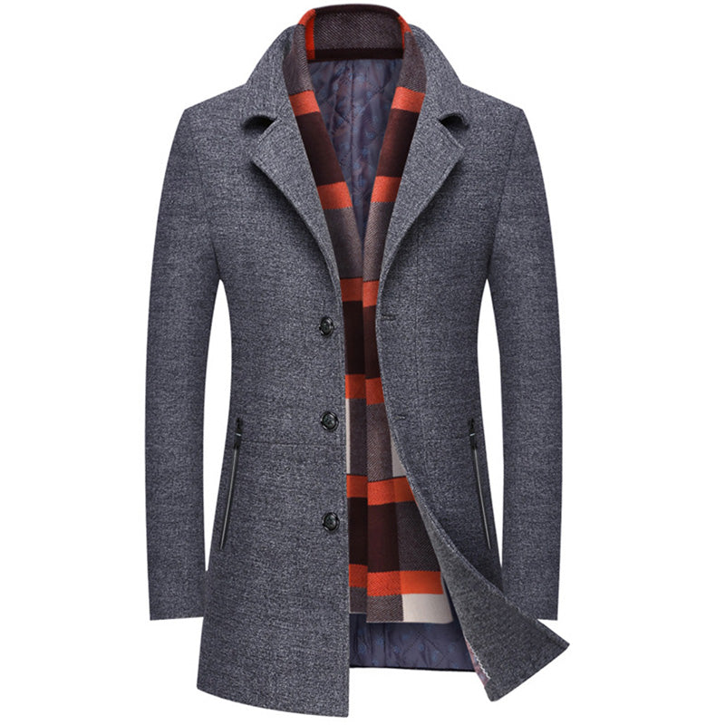 Men's winter scarf collar woolen men's long coat
