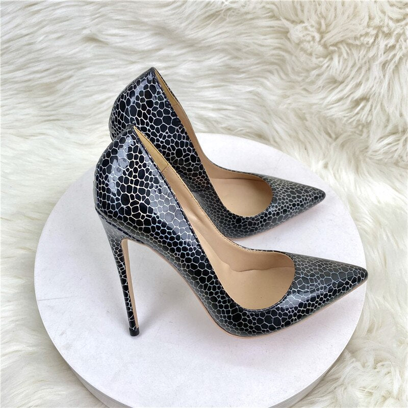 Tikicup Geometry Pattern Print Women Black Patent Pointy Toe High Heel Celebrity Party Shoes Sexy Slip On Stiletto Pumps
