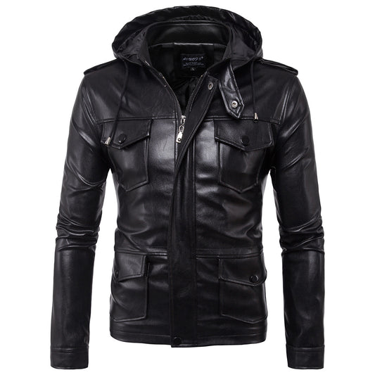 New European And American Men's Motorcycle Hooded Leather Jacket