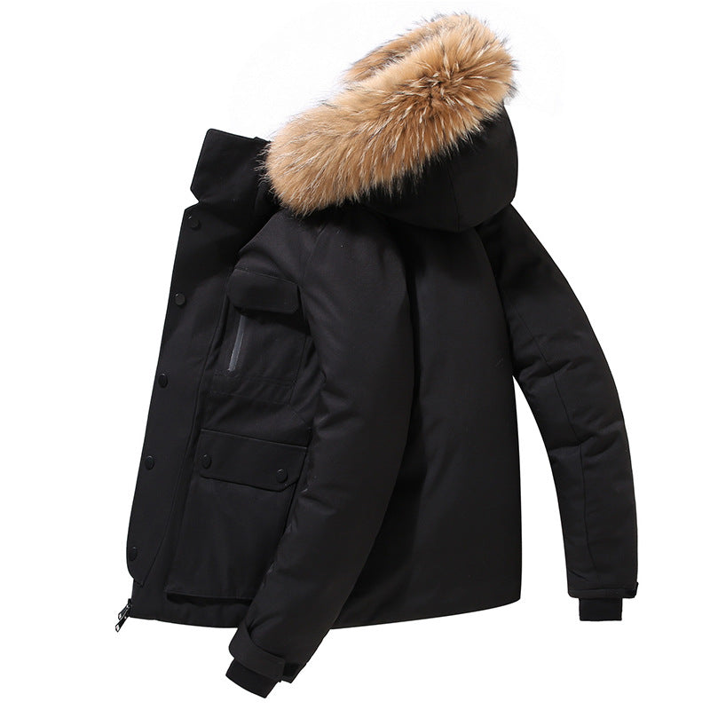 Herren Daunenjacke mit Kapuze, dicker warmer Mantel, Pelzkragen