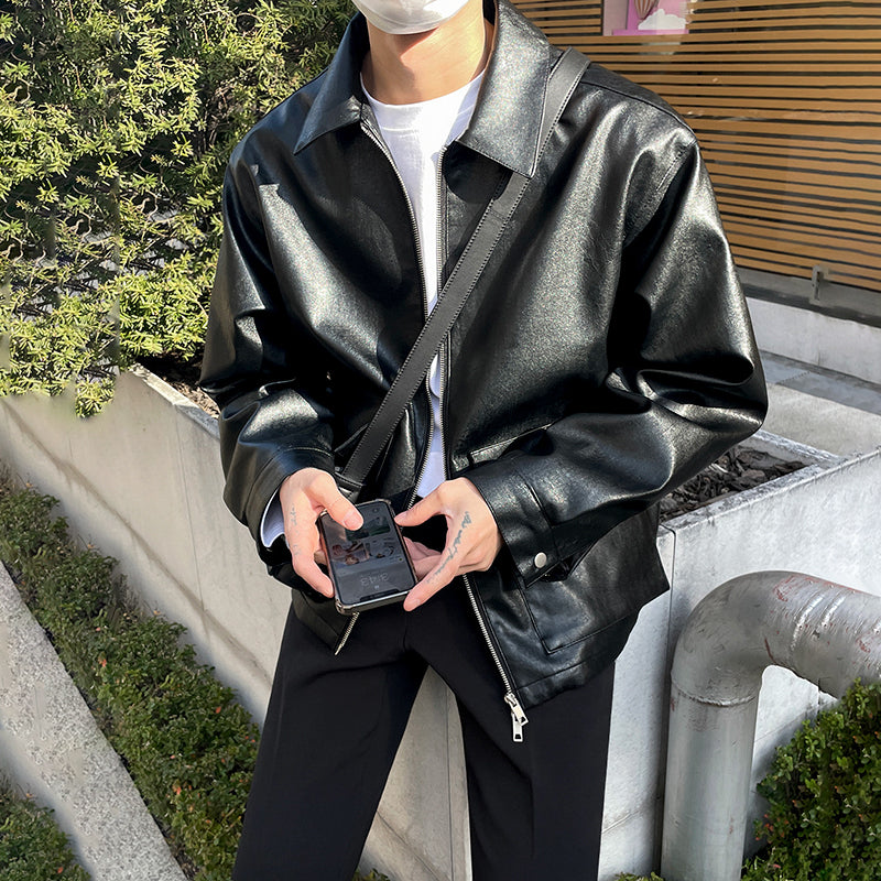 Fashion Solid Color Men's Lapel Leather Jacket