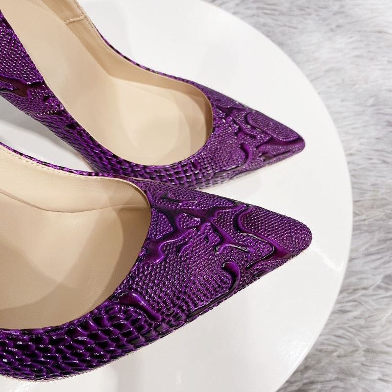 Tikicup Purple Embossed Crocodile Effect Women Pointy Toe Slip On High Heel Shoes for Party Sexy Ladies Dress Stiletto Pumps