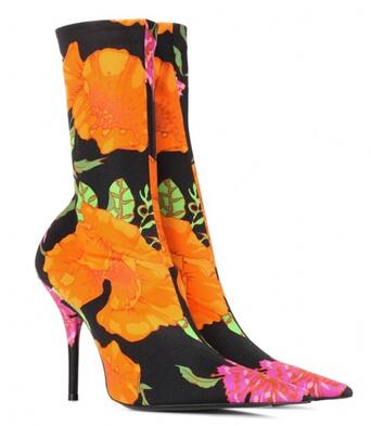 Floral Print Stiletto Sock Women Pointed Toe High Heels Ankle Boots