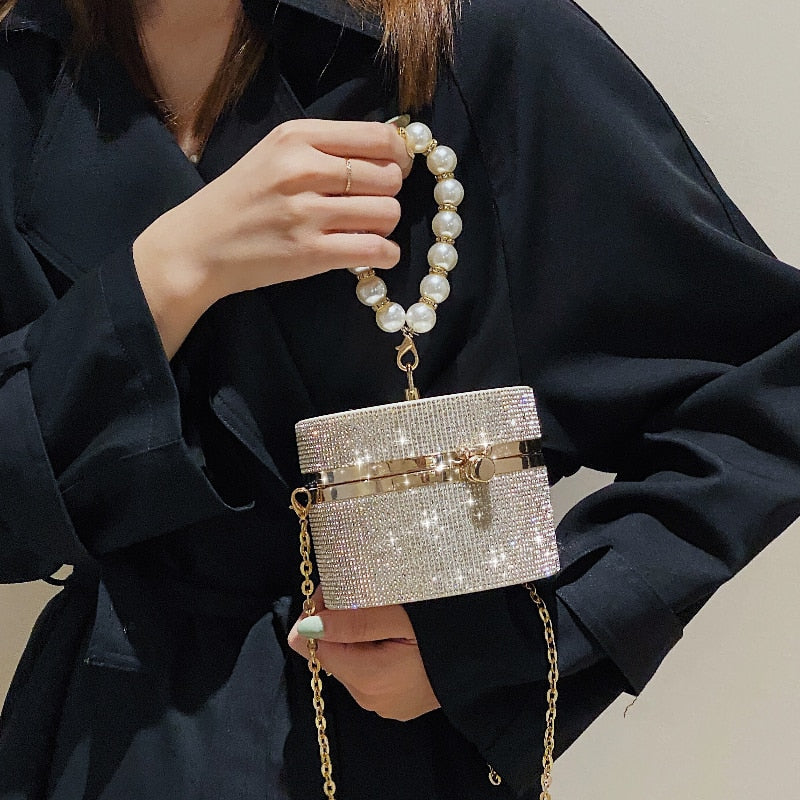 Round Party Clutch for Women Pearl Handle Small Bag