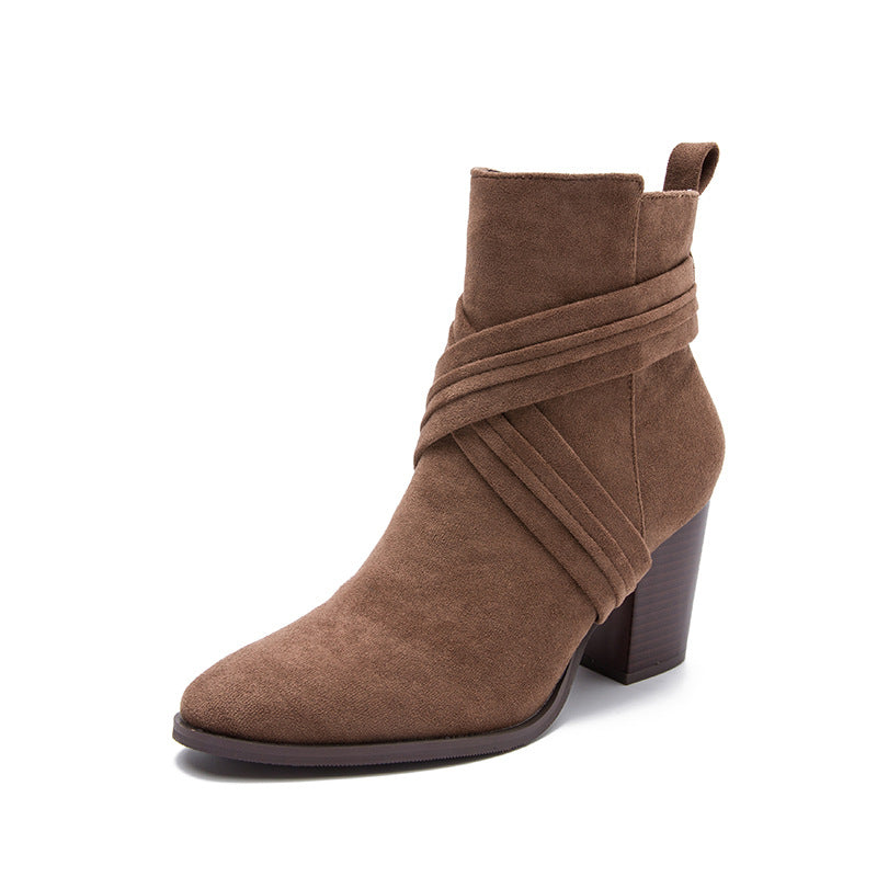Women's High Coarse Heels Square Suede Nude Boots