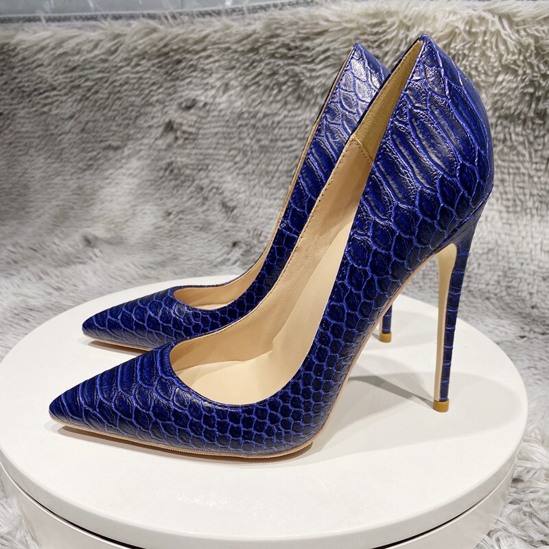 Navy Blue Crocodile Effect Pattern Women Sext Pointy Toe High Heel Shoes Chic Ladies Slip On Stiletto Pumps