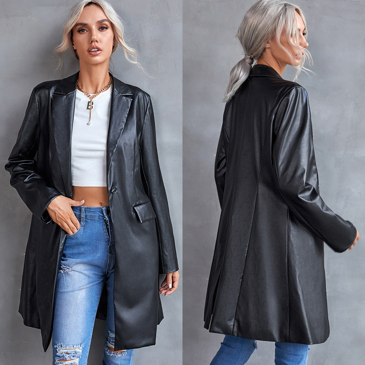 Women's Leather Slim Long-sleeved Windbreaker Blazer Top