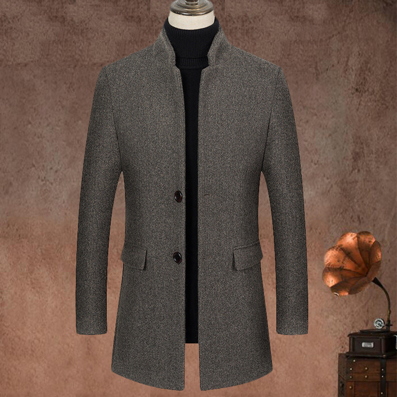 Stand Up Collar Mid Length Woolen Slim Fit Wool Coat
