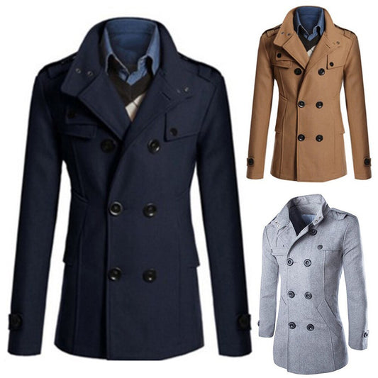 Men's Stand Collar Long Sleeve Wool Trench Coat