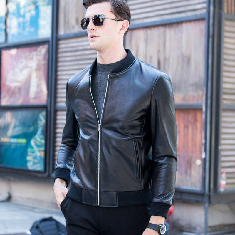 Leather men's baseball collar leather jacket