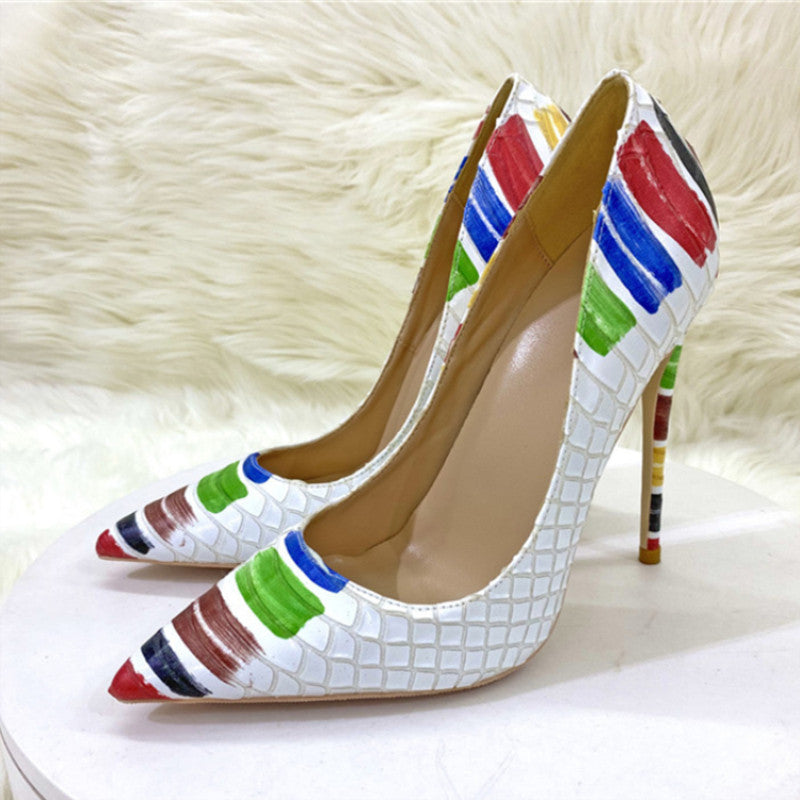 New Snakeskin Pattern Color Graffiti High Heels 12cm 10cm 8cm Pointed Toe Stiletto Pumps