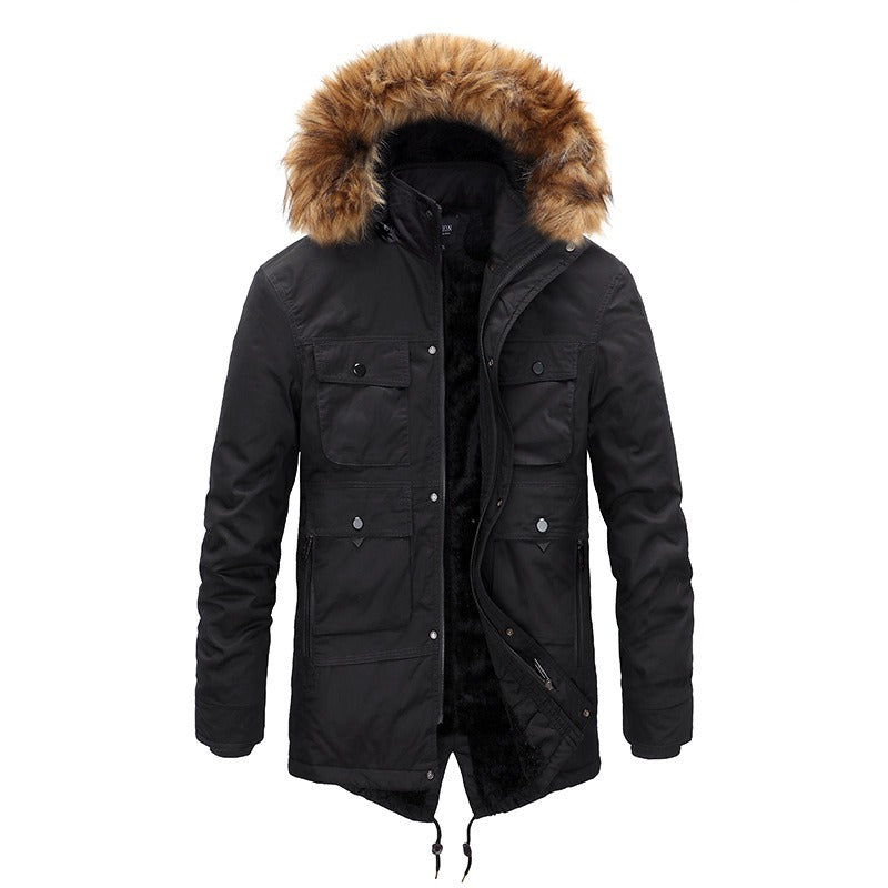 New Winter Coat Men's Plush Medium Length Cotton Coat Thickened Cotton Padded Warm Coat