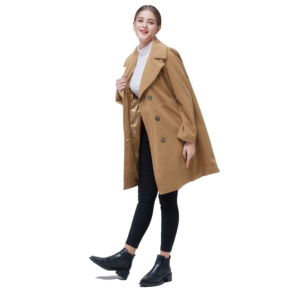 Women's double-breasted woolen coat long sleeve coat