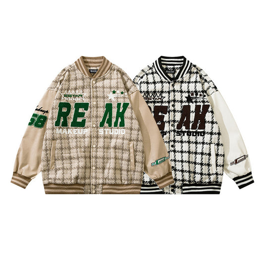 Men's Retro Plaid Flocking Embroidered Baseball Jacket