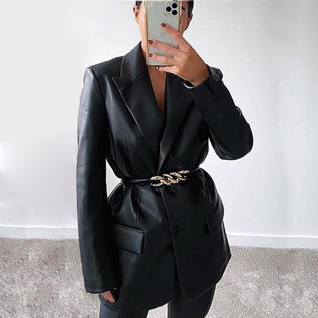 Solid color suit collar fake pocket women's leather jacket