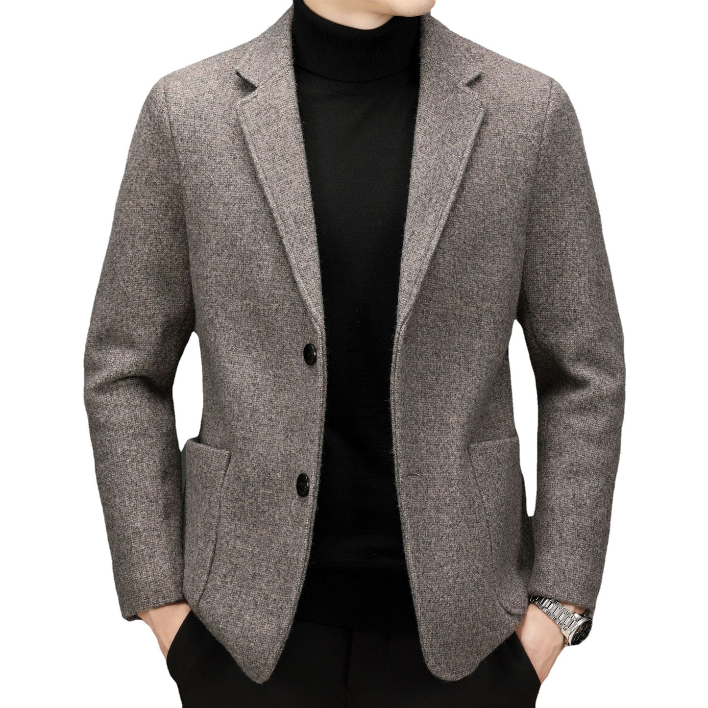 Men's Simple Casual Fit Solid Color Wool Tweed Jacket