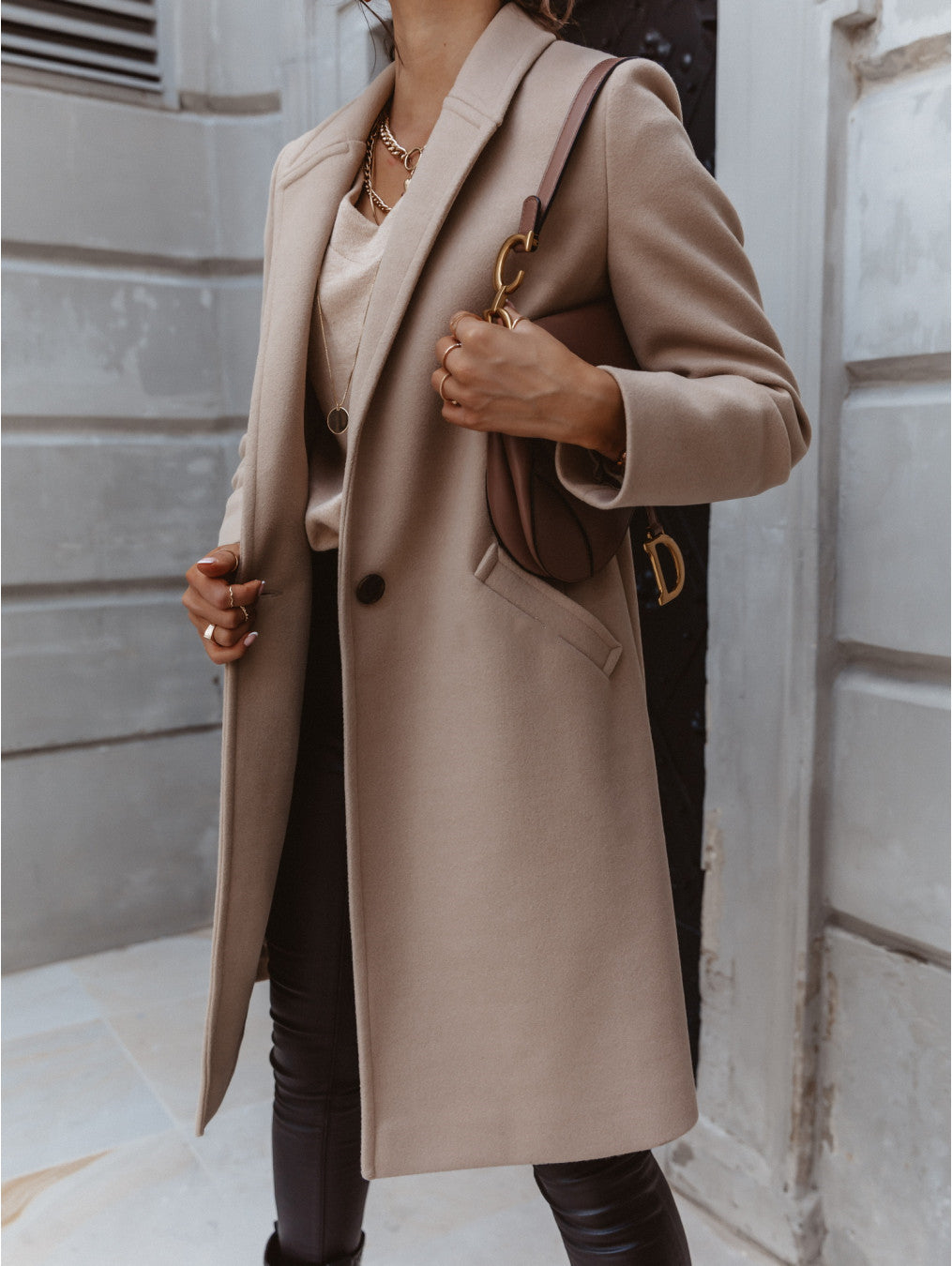 Solid Color Lapel Mid Length Button Wool Coat
