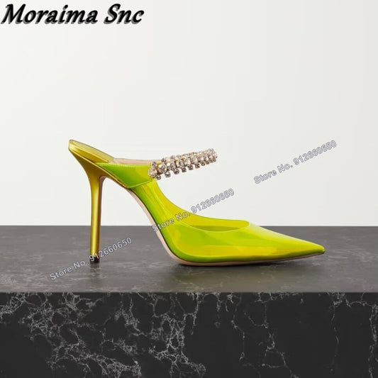 Moraima Snc Solid Clear PVC Sandals Crystal Slippers Pointed Toe Stilettos High Heels Cut Out Summer Wedding Shoes on Heels
