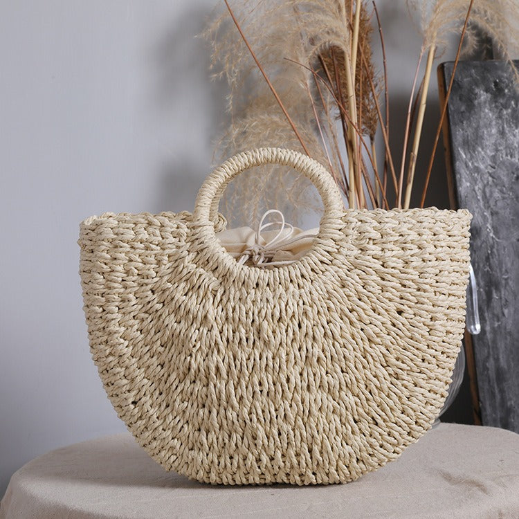 Women handmade round woven straw beach tote bags summer rattan handbag ladies weave straw bag