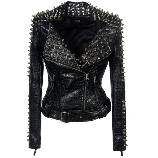 European And American Plus Size Rivet Short Stitching Motorcycle Leather Coat