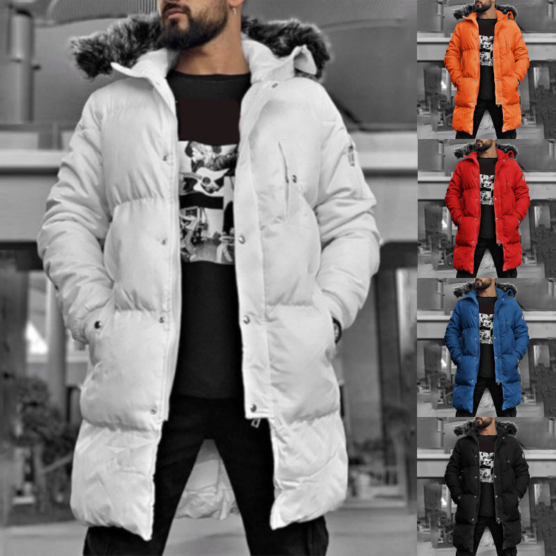 Pure Color Hooded Zipper Warm Cotton Long Single-breasted Pocket Casual Coat Men