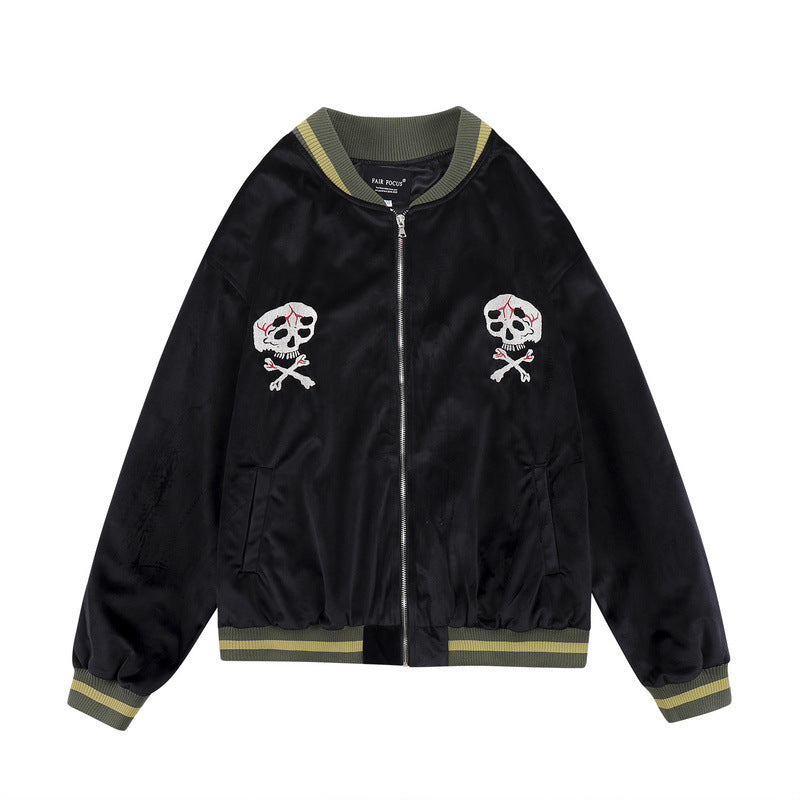 Vintage Skeleton Embroidery Baseball Jacket Male