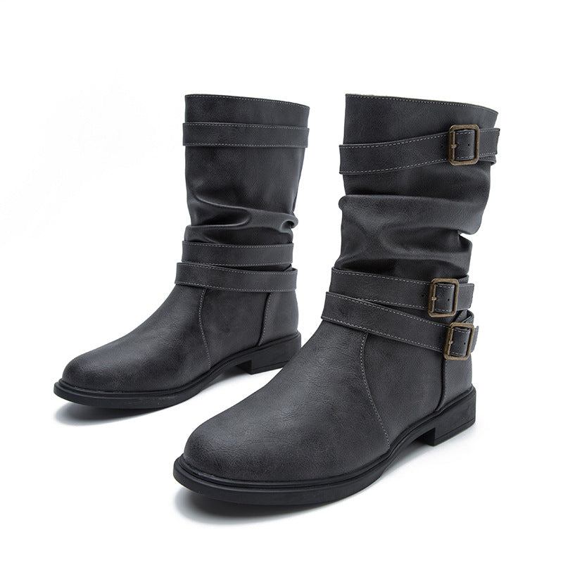 Autumn And Winter New Boots Round Head Flat Bottom Women's Large Smoke Pipe Boots Motorcycle Boots