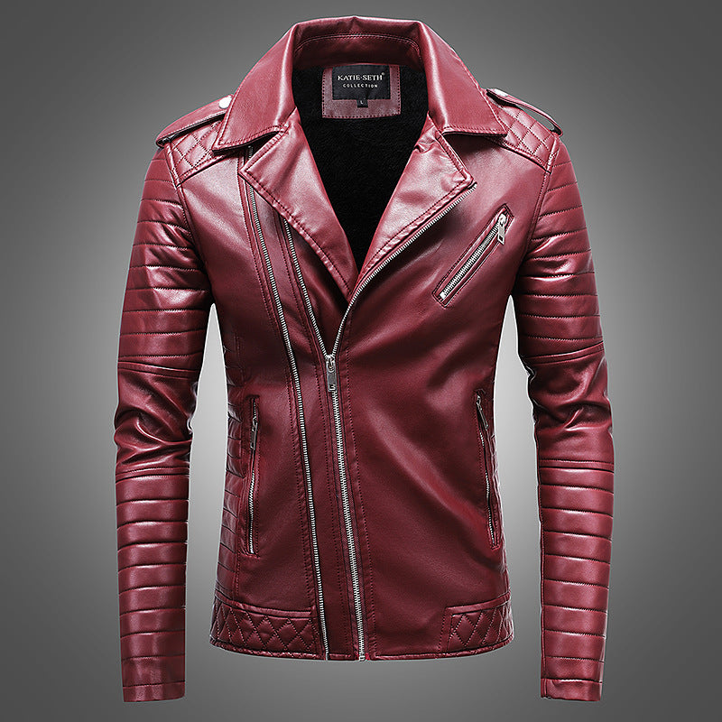 Men's Leather Jacket With Fleece Warm Lapel