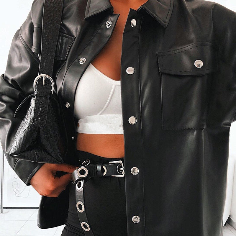 Motorcycle Cool Girl Leather Shirt With Metal Buckle Top